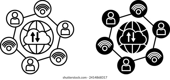 Iconos de Internet de las cosas. Conectarse a Internet en cualquier lugar. Ilustración vectorial de Globe, nube de computadoras, Internet Wi-Fi y personas. Concepto de tecnología