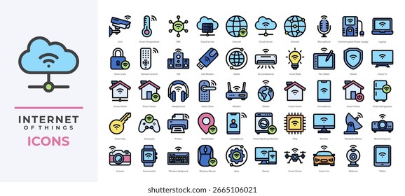 Los íconos del Internet de las Cosas establecen la colección. Incluye dispositivos inteligentes, conectividad, automatización y sistemas en la nube. Ideal para App de IoT, tableros de control inteligentes para el hogar y proyectos de diseño relacionados con la tecnología.
