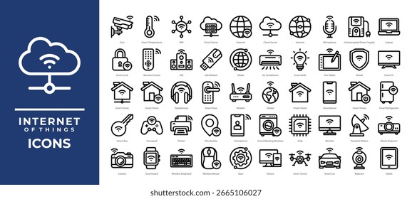 Los íconos del Internet de las Cosas establecen la colección. Incluye dispositivos inteligentes, conectividad, automatización y sistemas en la nube. Ideal para App de IoT, tableros de control inteligentes para el hogar y proyectos de diseño relacionados con la tecnología.