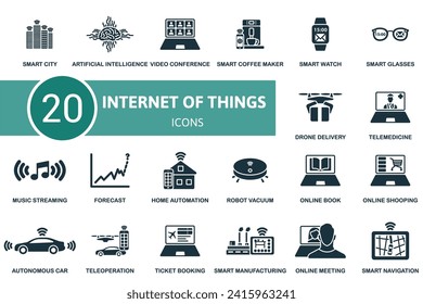 Internet of things icons set. Creative icons: smart city, artificial intelligence, video conference, smart coffee maker and more