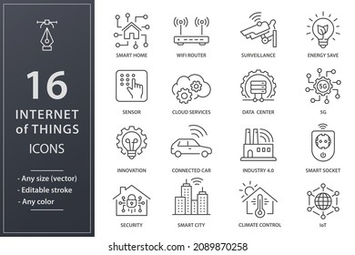 Internet of things icons, such as smart city, sensor, cctv, IoT and more. Editable stroke.