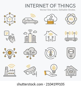 Internet of things icons, such as smart city, artificial intelligence, sensor and more. Vector illustration isolated on white. Editable stroke. Change to any size and any colour.