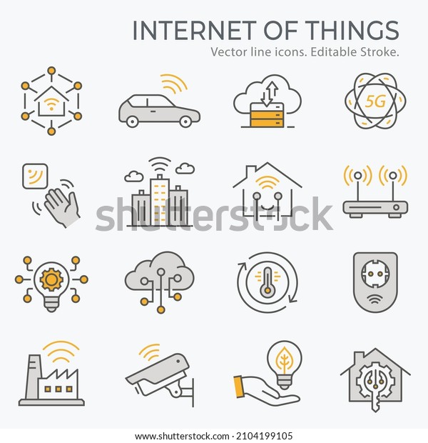 Internet of\
things icons, such as smart city, artificial intelligence, sensor\
and more. Vector illustration isolated on white. Editable stroke.\
Change to any size and any\
colour.
