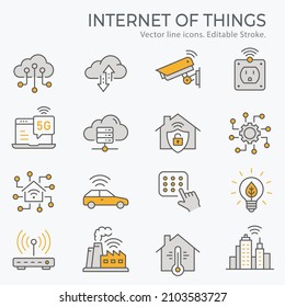 Internet von Dingen Symbolen, wie Technologie, intelligente Stadt, künstliche Intelligenz und mehr. Vektorgrafik einzeln auf Weiß. Bearbeitbarer Strich. Wechseln Sie zu einer beliebigen Größe und Farbe.