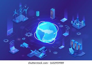 Internet Of Things  Infographic Illustration, Neon Blue Isometric 3d Concept With Smart Technology, Globe Glowing Icon, Computer Network With Night Glowing Background