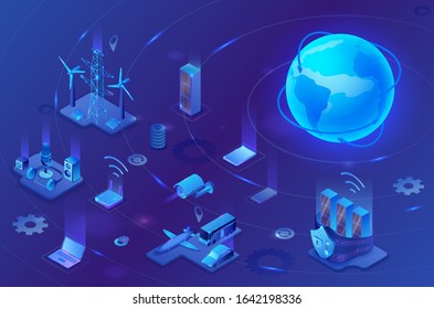 Internet of things  infographic illustration, neon blue isometric 3d concept with smart technology, globe glowing icon, computer network with night glowing background