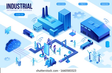 Internet of things infographic illustration, neon blue isometric 3d concept with smart technology, globe glowing icon, computer network with night glowing background svg
