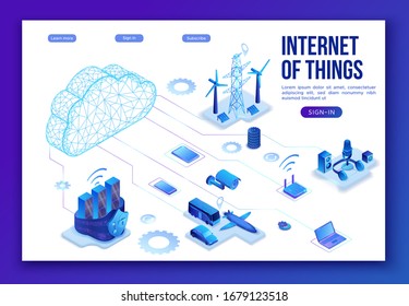 Internet of things  infographic illustration, neon blue isometric 3d concept with smart technology, globe glowing icon, computer network with night glowing background