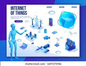 Internet of things  infographic illustration, neon blue isometric 3d concept with smart technology, globe glowing icon, computer network with night glowing background