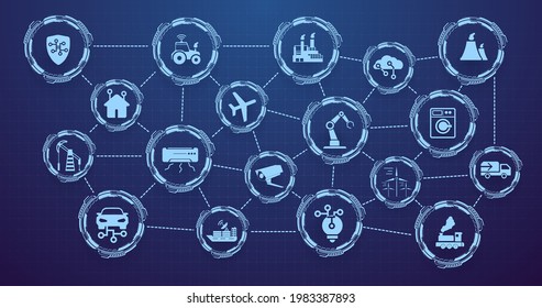 Internet of Things (IOT) banner. Everything related to the concept of a network device, anywhere, anytime. Digital web for the Internet of Things or a network of smart home devices with icons. Vector