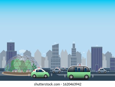 Internet of Things, IoT in a city for sustainability. Electrified and autonomous vehicles. Greenhouse for growing plants using modern technology. Everything connected. Vector Illustration