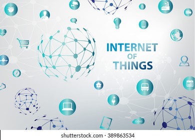 Internet of things (IoT) and cloud network concept for connected smart devices. Spider web of network connections icons in white technology spherical background.