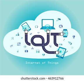 Internet of things (IoT) and cloud network concept for connected smart devices. Spider web of network connections icons in white technology spherical background.
