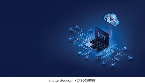 Conceito de Internet das coisas em IoT. Sistema de automação, controlador, conectividade e redes. Ilustração de vetor isométrico.