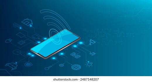 Internet Of Things (IOT) Concept. Big Data Cloud Computing Network Of Physical Devices With Secure Network Connectivity on dark blue color background.	