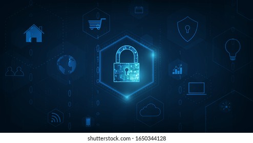 Internet Of Things (IOT) Concept.Big Data Cloud Computing Network Of Physical Devices With Secure Network Connectivity on dark blue color background.