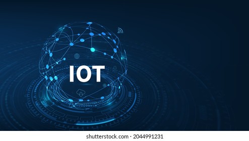 Internet Of Things (IOT) Concept.Big Data Cloud Computing Network Of Physical Devices With Secure Network Connectivity on dark blue color background.