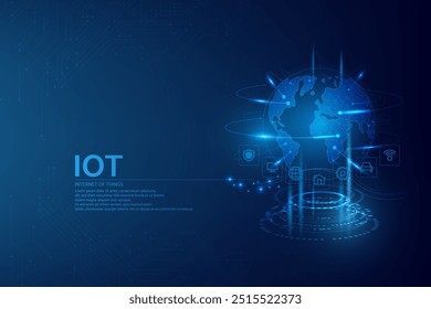 Internet Of Things (IOT) Concept.Big Data Cloud Computing Network Of Physical Devices With Secure Network Connectivity on dark blue color background.