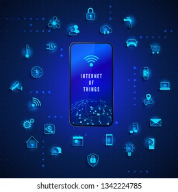 Internet of Things. IOT concept. Global network technology Internet control and monitoring. System automation device icons. Smart house or smart city concept. Vector illustration
