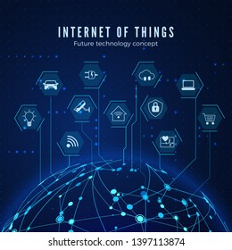 Internet Of Things. IOT Concept. Global Network Connection. Monitoring And Control Smart Systems. Vector Illustration