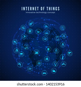 Internet of things. IOT concept. Global network connection. Monitoring and control smart systems icons on global network and map background. Vector illustration