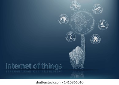 Internet of things (IOT). The concept of managing things via the Internet. The human hand holds the globe on its finger.