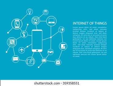 Internet of things (IOT) concept with mobile phone connected to network of devices. Vector template with text.