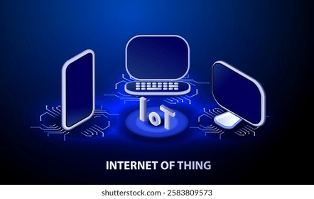 Internet Of Things (IOT) Concept. Notebook laptop, monitor and phone communication devices with ai online database. Vector isometric illustration.