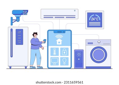 Internet of Things (IoT) Concept with a Person Controlling Household Appliances Remotely Using a Smartphone and Home Voice Controller.