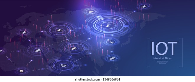 	
Internet of things (IOT), devices and connectivity concepts on a network. Spider web of network connections with on a futuristic blue background. IOT icons