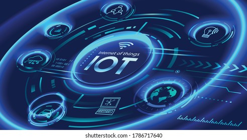 Internet of things (IOT) devices and connectivity concepts on a network. Spider web of network connections with on a futuristic blue background. 