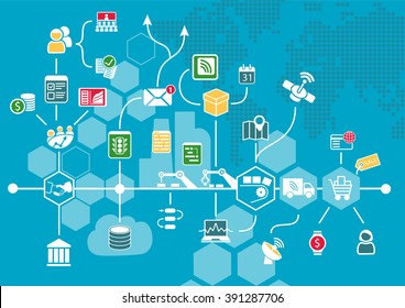 Internet Of Things (IOT) And Digital Business Process Automation Concept Supporting Industrial Value Chain. Vector Illustration As Infographic.