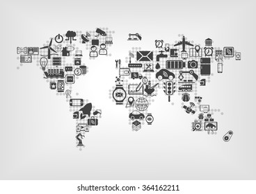 Internet of things (IOT) and global connectivity concept. World map of connected smart devices using flat design