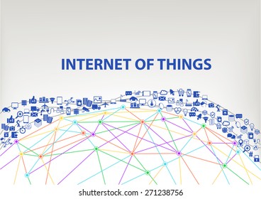 Internet of things (IOT) global vector background. Connected devices floating through the air above a wireframe grid model of the earth. Icons and symbols of smart phones, sensors, objects.