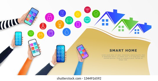 Internet of things. IOT. Hands holding smartphones with mobile app for smart home control and monitoring with icons. Vector illustration