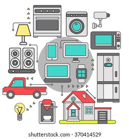 Internet of things iot home household appliances and car control  security concept isometric banner abstract vector illustration. Iot home household appliances and car control security