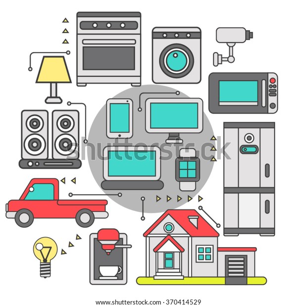 Internet of\
things iot home household appliances and car control  security\
concept isometric banner abstract vector illustration. Iot home\
household appliances and car control\
security