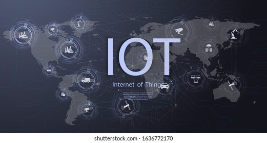 Internet of things (IOT ICT) icon innovation technology concept. Networking concept for connected devices. Smart city wireless communication network . Home intelligent system automation Industry 4.0