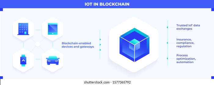 Internet of things (IoT) infographics concept about Transactions Blocks Verification Decentralization Data Fintech Smart Contract and Crypto Request. How does it work. Isolated isometric vector