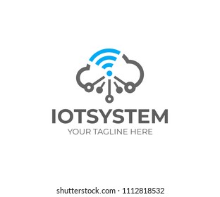 Internet of things (IOT), logo template. Network cloud and wi-fi signal, vector design. Cloud technology, logotype