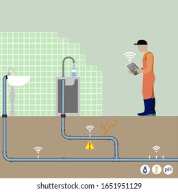 Internet Of Things, IoT, For Massive Connections Collects Data, E.g. Water Level And Quality, With Monitoring Units. Detection And Location Of Deficiencies In The Pipe System Is Simplified. Vector Ill