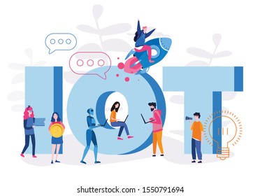 Internet of things , IOT, network, business with internet, with small people around. Vector illustration for web, print, presentation.