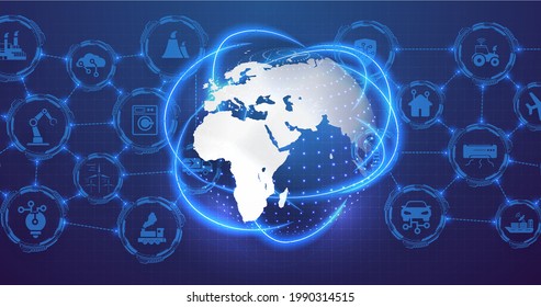 Internet of Things (IoT) and network concept for connected devices. Spider network connections on the background of the planet. Vector illustration