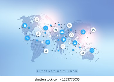 Internet of things IoT and network connection concept design vector. Social media network and marketing concept with dotted globes. Internet and business technology.