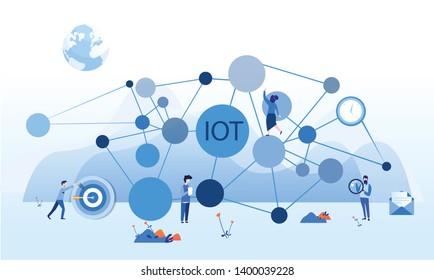 Internet of things , IOT, network, Everything connectivity device concept, business with internet, with small people around. Vector illustration for web, print, presentation.