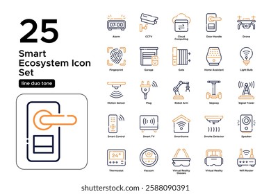 Internet of Things IoT Network. Smart Gadgets, Cloud Computing, and Connectivity. Vector Illustration. Oultine duo tone icon set