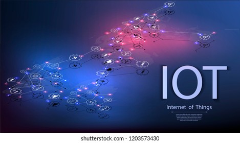 Internet of things (IoT) and networking concept for connected devices. Spider web of network connections with on a futuristic blue background. Isometric vector illustration.