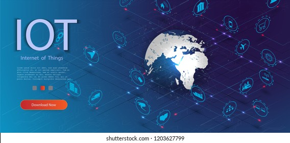 	
Internet of things (IoT) and networking concept for connected devices. Spider web of network connections with on a futuristic blue background EPS10