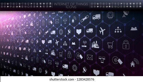 	
Internet de cosas (IoT) y concepto de red para dispositivos conectados. Red araña de conexiones de red con un fondo azul futurista. Iconos de IOT