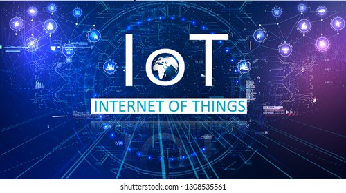 Internet of things (IoT) and networking concept for connected devices. Spider web of network connections with on a futuristic blue background